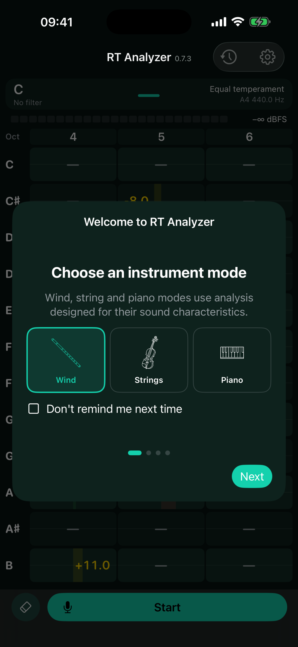 RT Analyzer instrument mode selection for wind, string and piano instruments