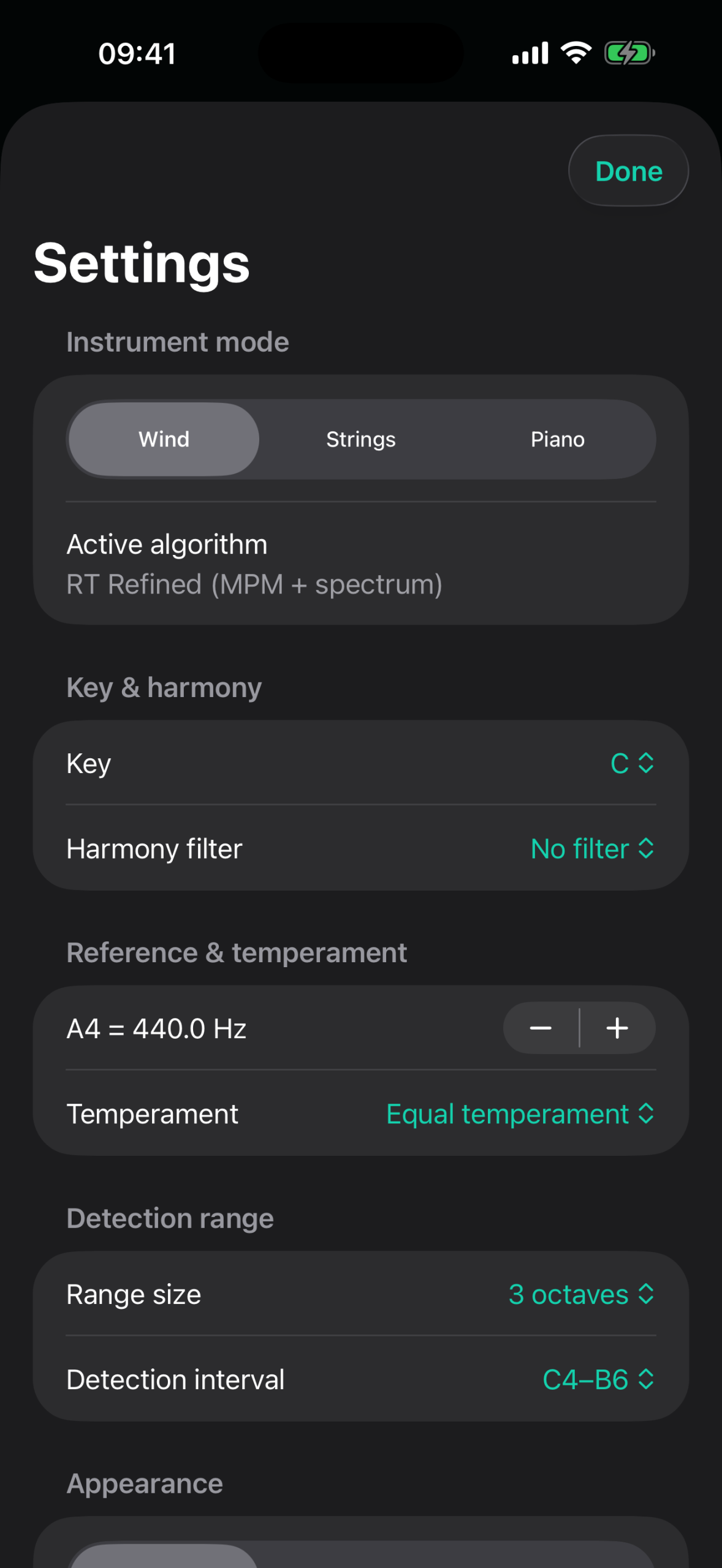 RT Analyzer settings for instrument mode, key, reference pitch and detection range